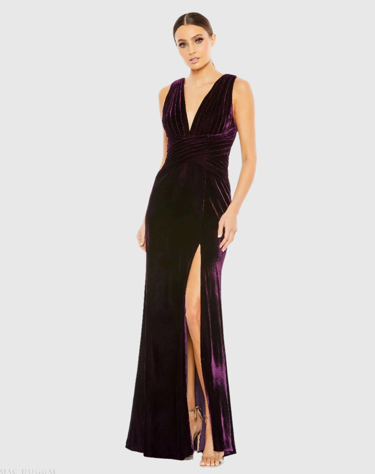 Purple Sleeveless Plunge Neck Pleated Velvet Gown