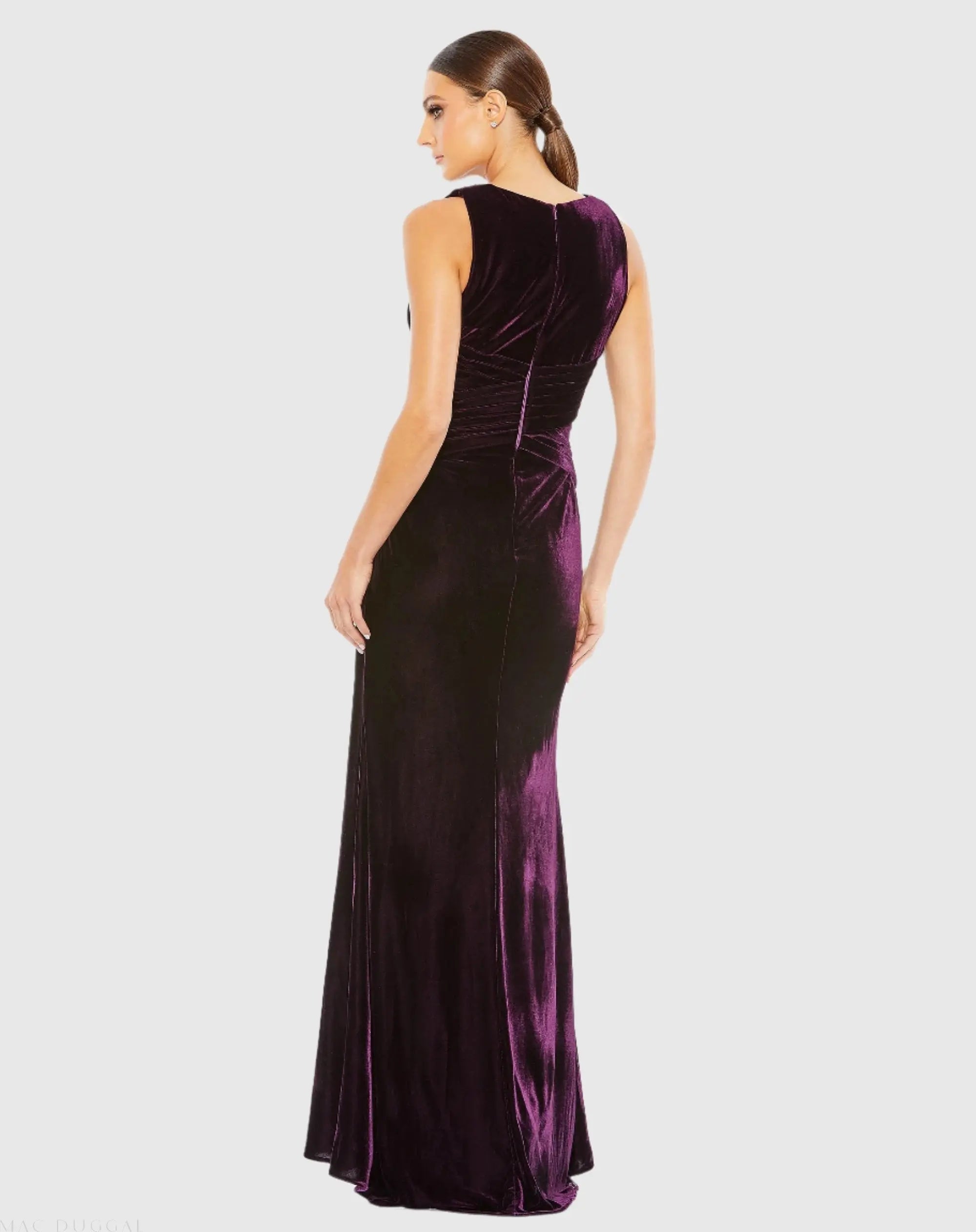 Purple Sleeveless Plunge Neck Pleated Velvet Gown
