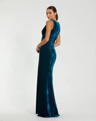 Blue Sleeveless Plunge Neck Pleated Velvet Gown