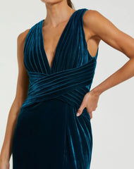 Blue Sleeveless Plunge Neck Pleated Velvet Gown