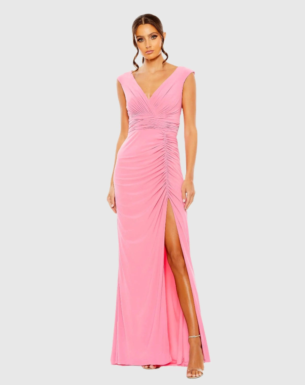 Pink Sleeveless Side Ruched Slit Gown