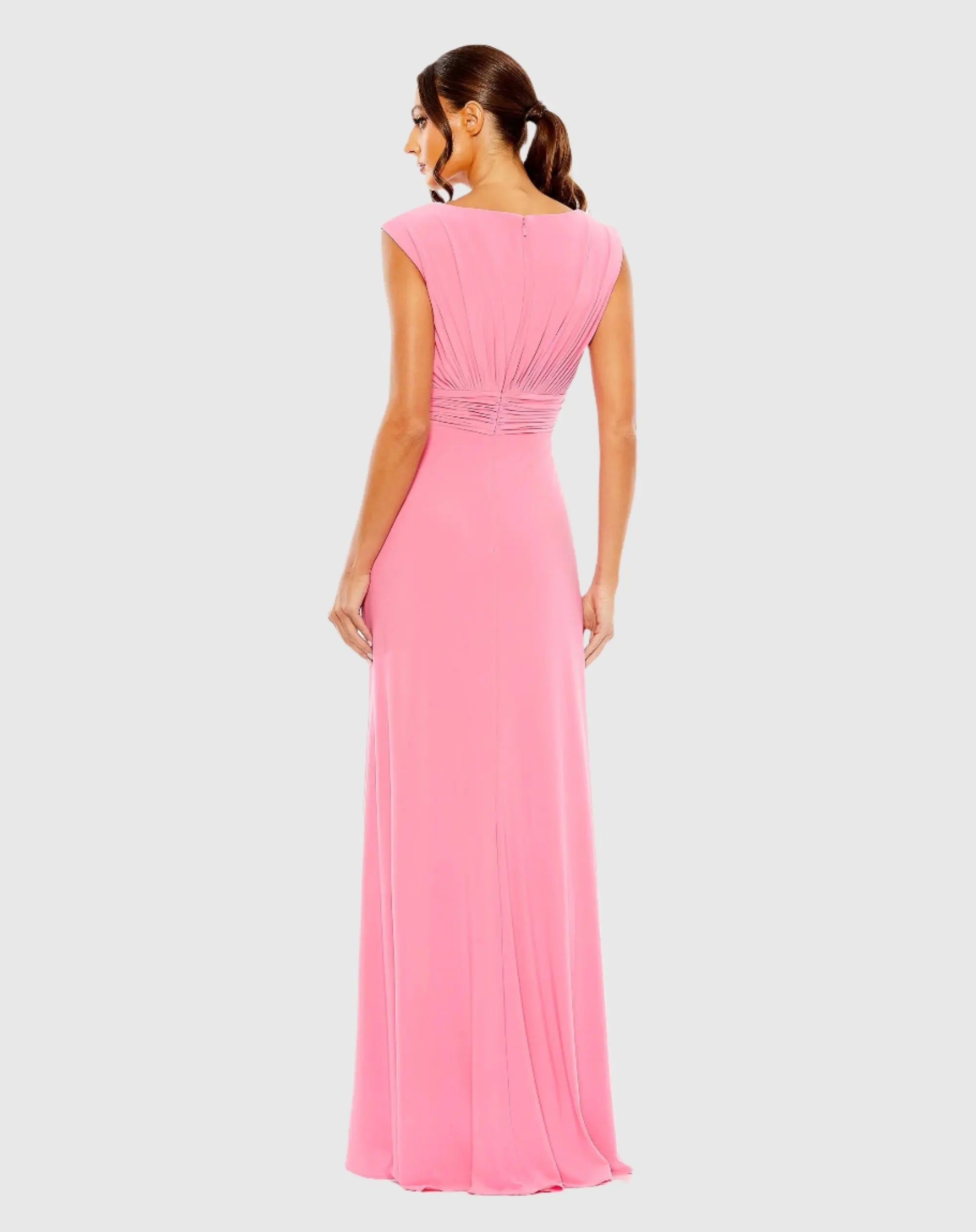 Pink Sleeveless Side Ruched Slit Gown