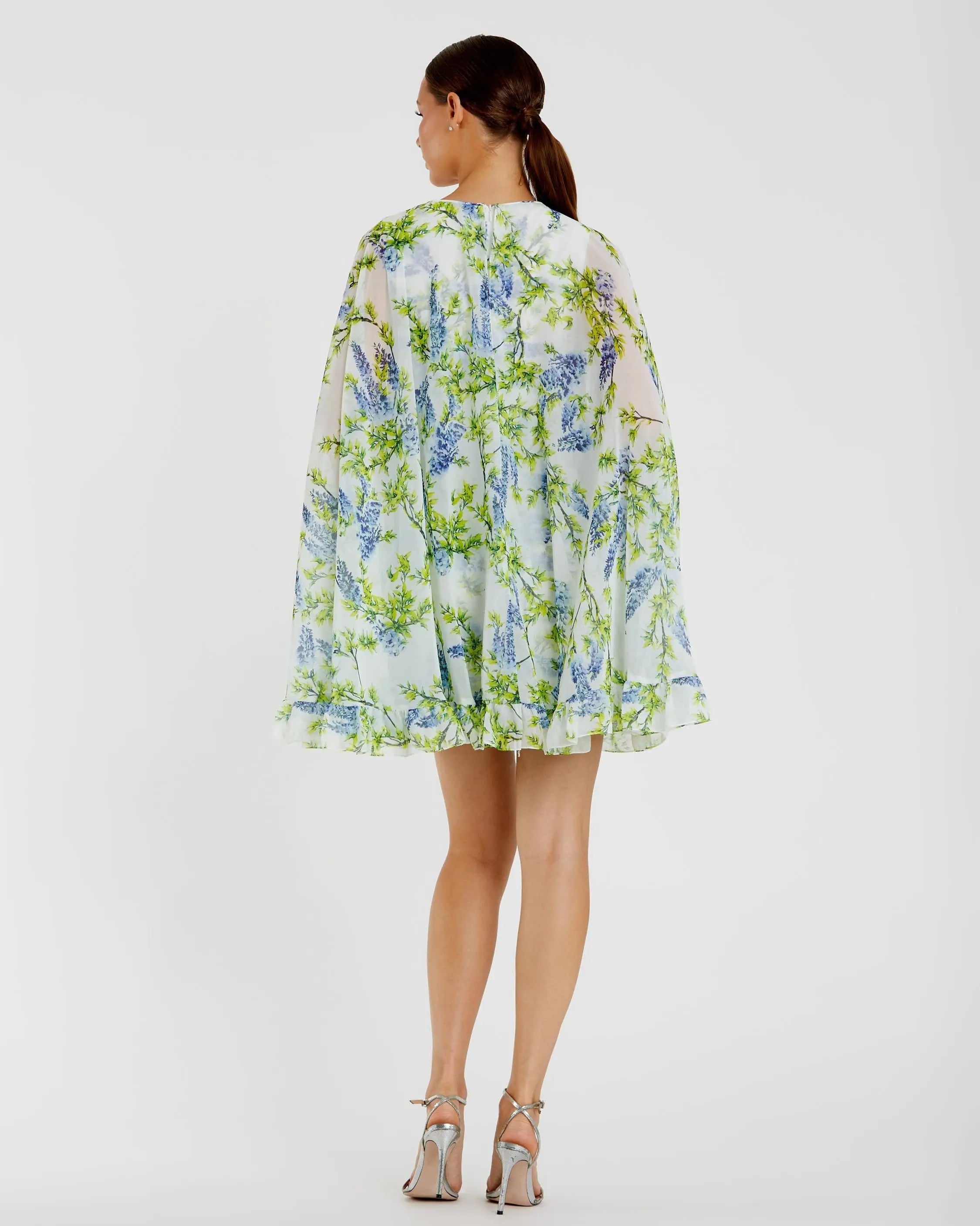 Multicolor Floral Print High Neck Ruffle Hem Cape Mini Dress