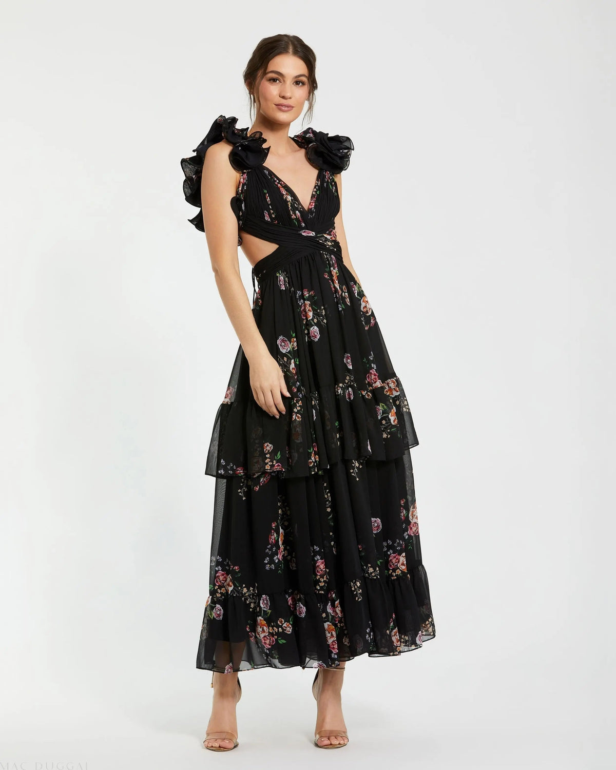 Black Ruffle Tiered Cut-Out Floral Print Chiffon Dress
