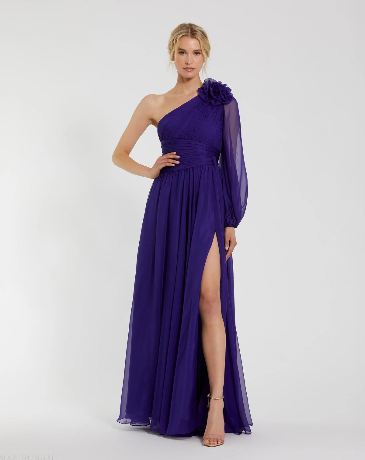 Purple One Sleeve Ruched Chiffon Gown With 3D Flower