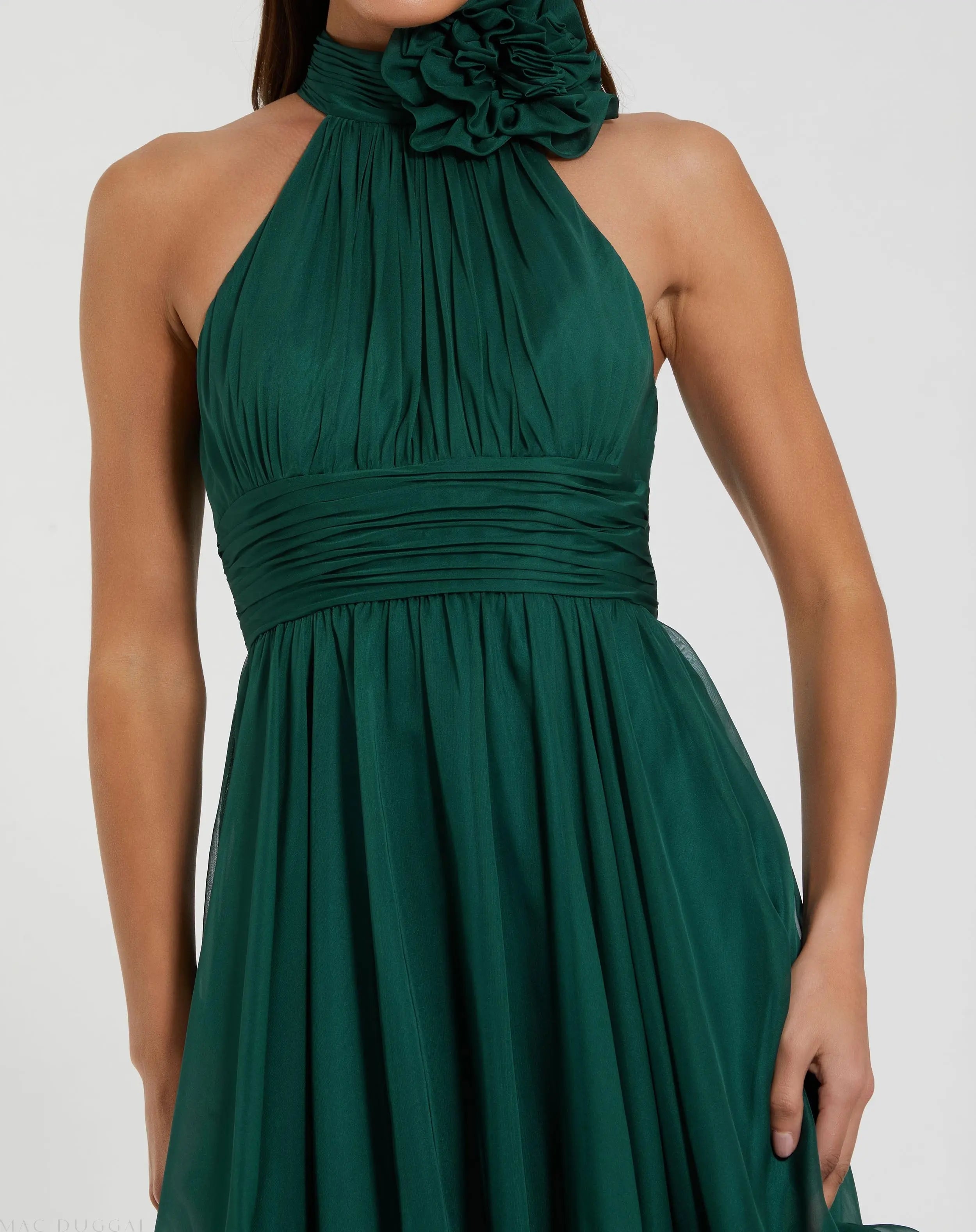 Green Sleeveless Chiffon Mini Dress With 3D Flower