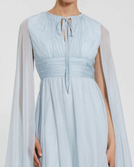 Blue Chiffon Cape Sleeve Ankle-Length Dress With Keyhole