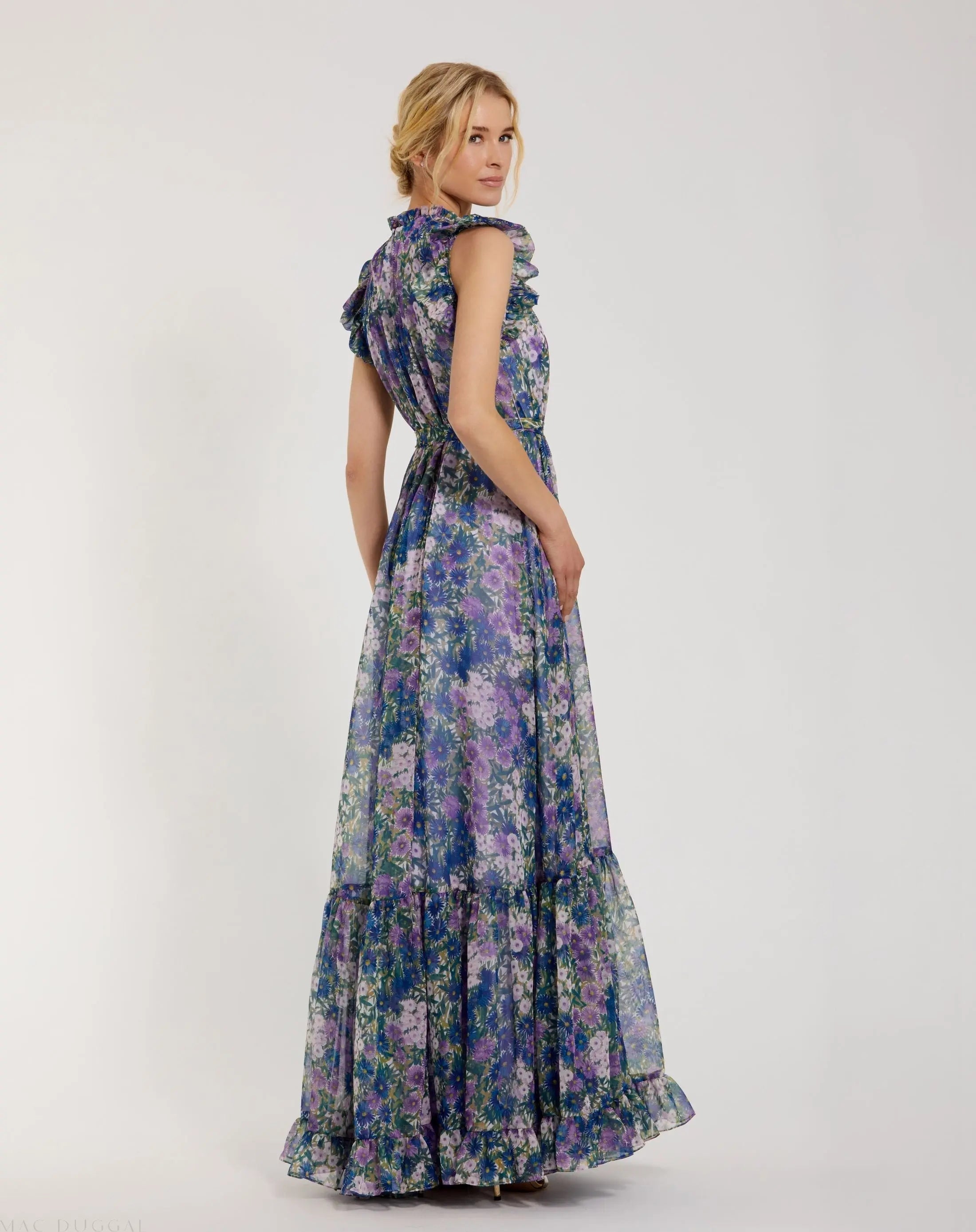 Purple Printed Chiffon Ruffle Sleeve Gown With Bow Belt