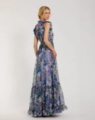 Purple Printed Chiffon Ruffle Sleeve Gown With Bow Belt