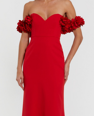 Red Crepe Off The Shoulder Gown With 3D Flowers