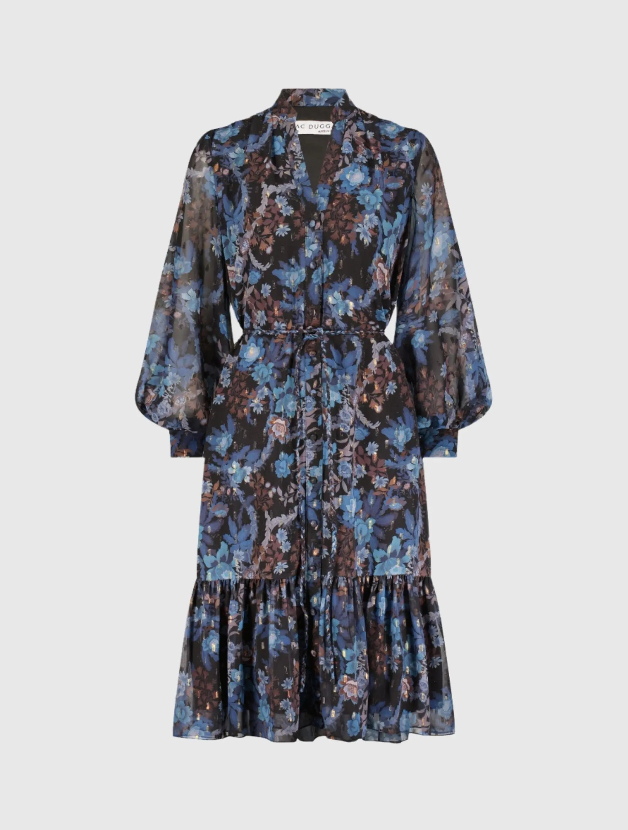 Blue Lurex Chiffon Bishop Sleeve Button Up Midi Dress