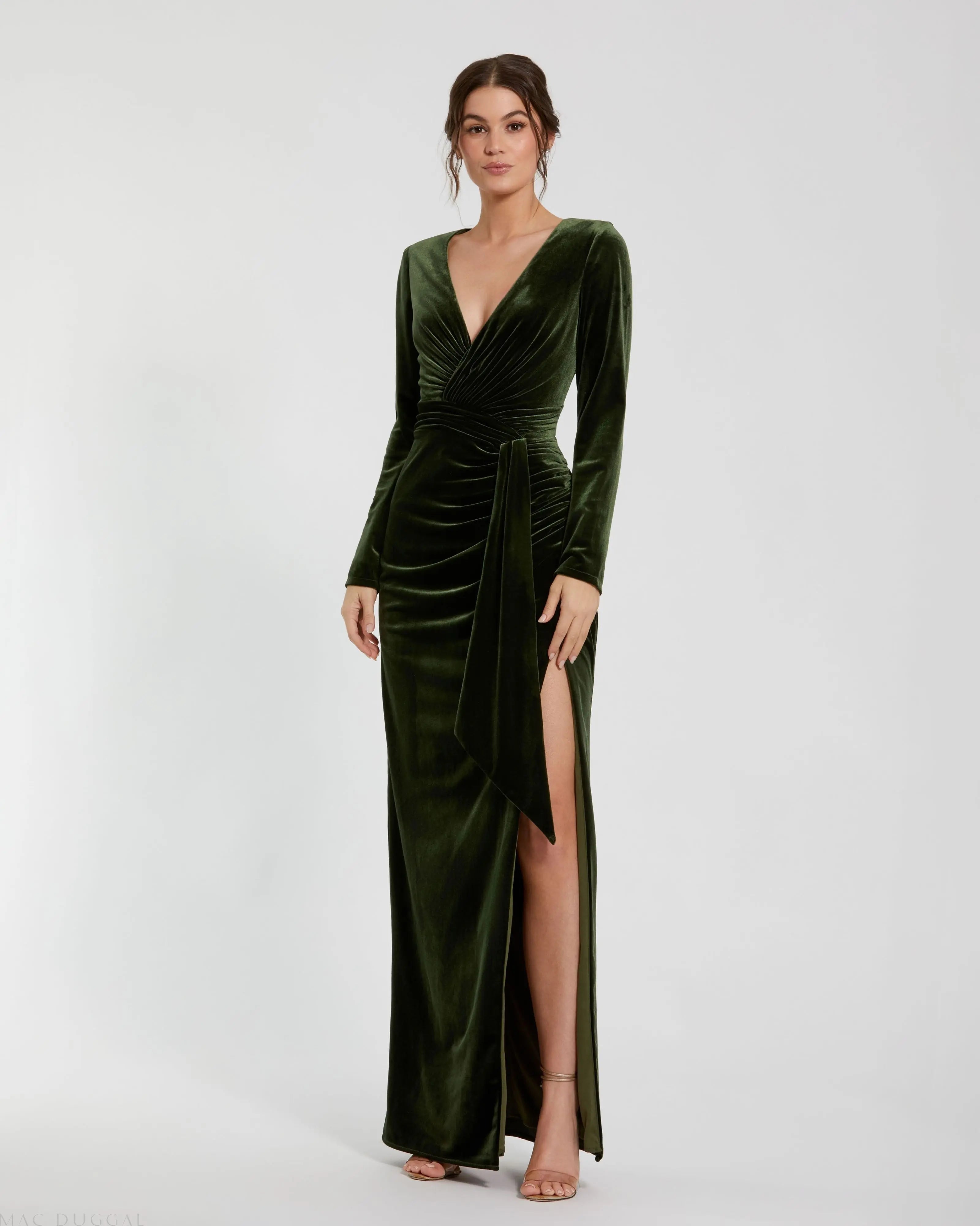 Ruched Velvet Column Evening Gown