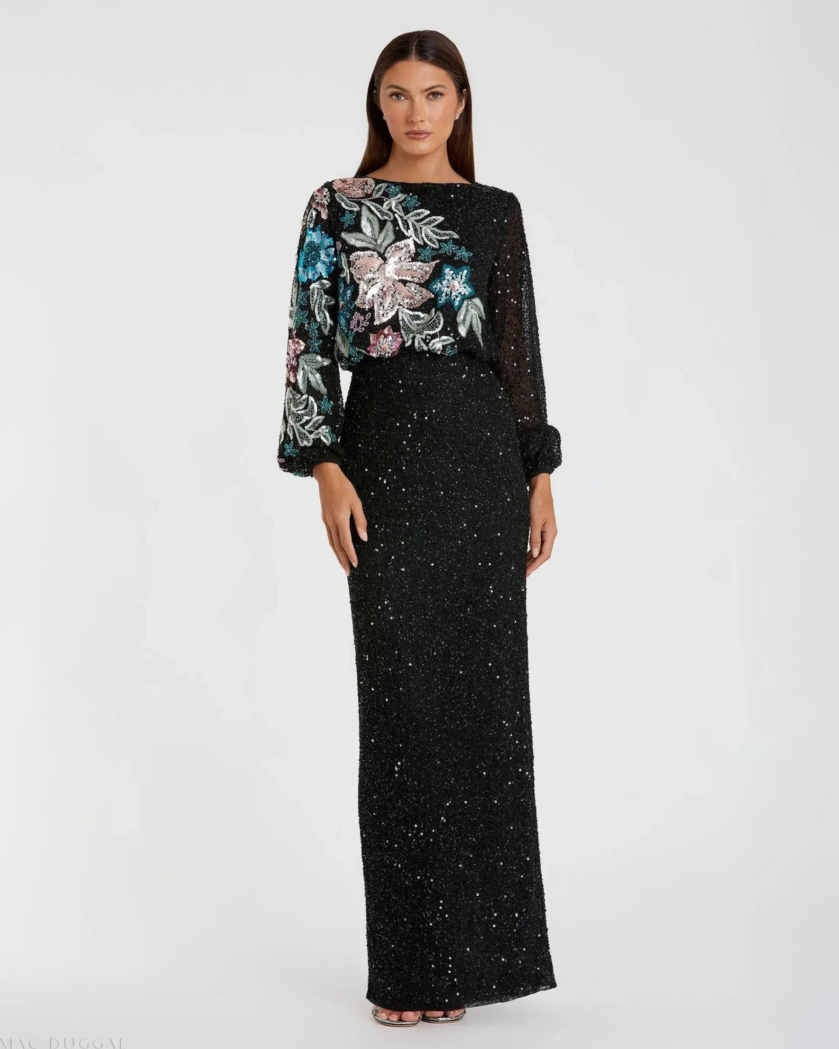Black High Neck Long Sleeve Sequin Gown