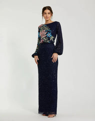 Navy High Neck Long Sleeve Sequin Gown