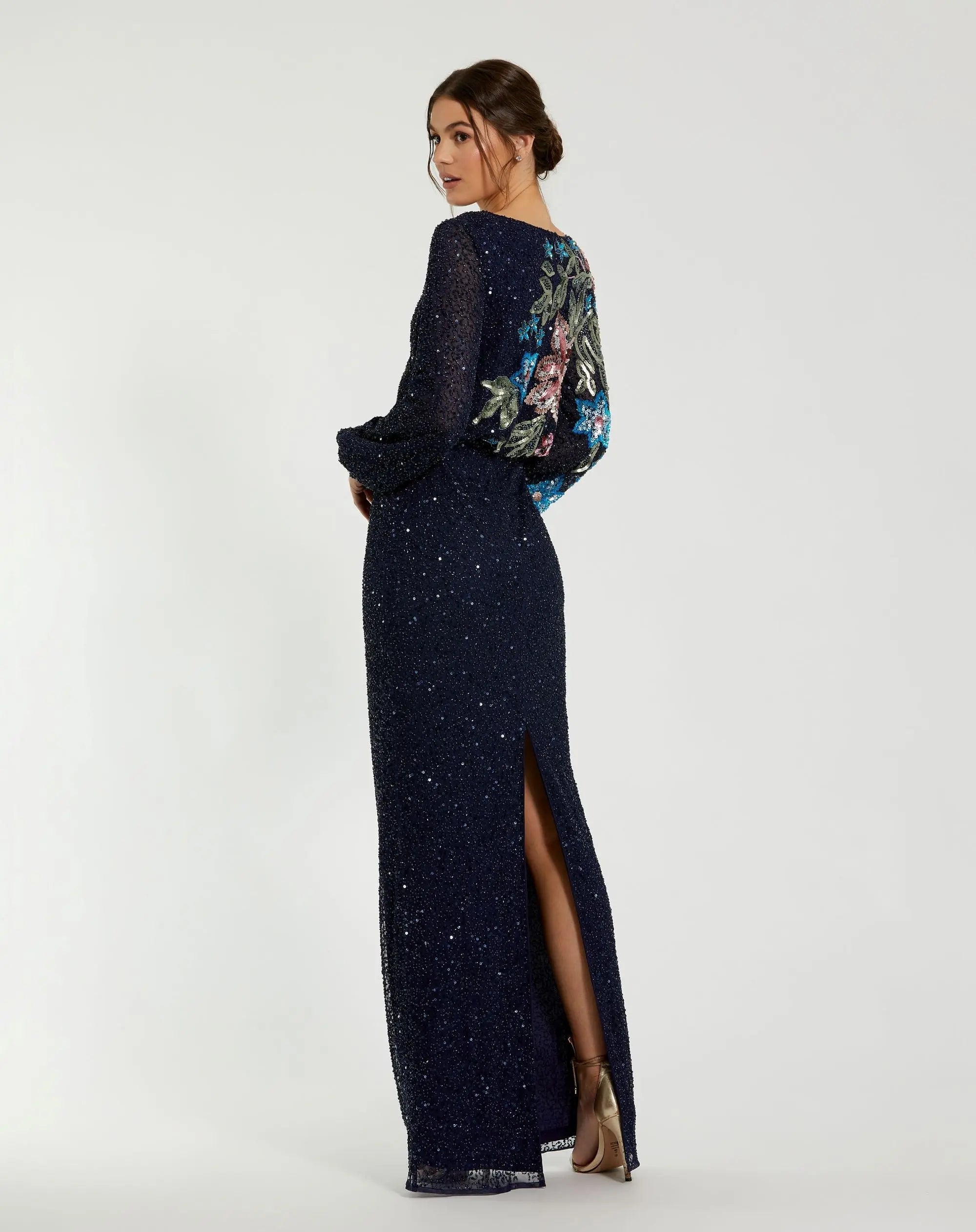 Navy High Neck Long Sleeve Sequin Gown
