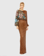 Brown High Neck Long Sleeve Sequin Gown