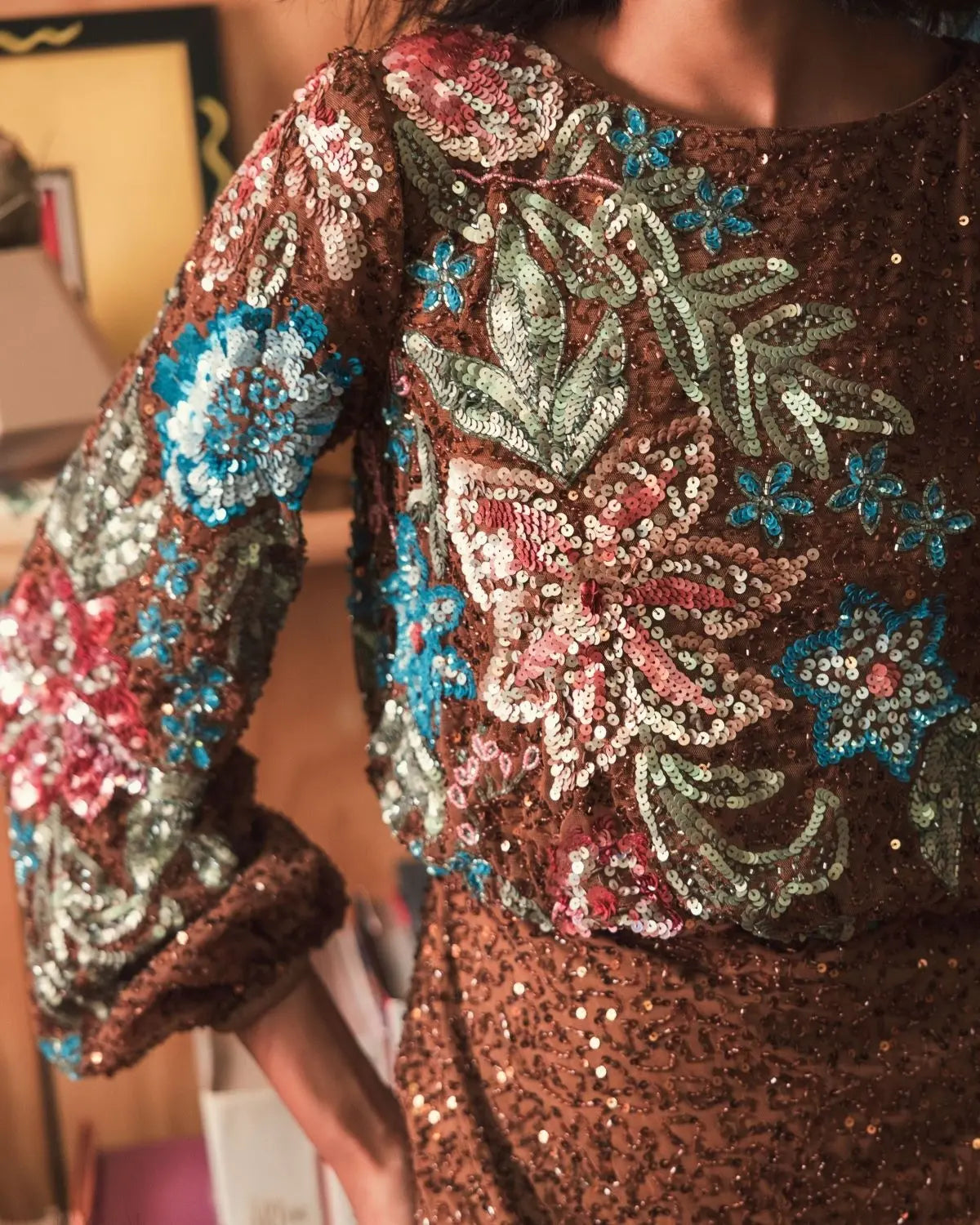 Brown High Neck Long Sleeve Sequin Gown