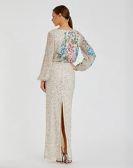 Beige High Neck Long Sleeve Sequin Gown
