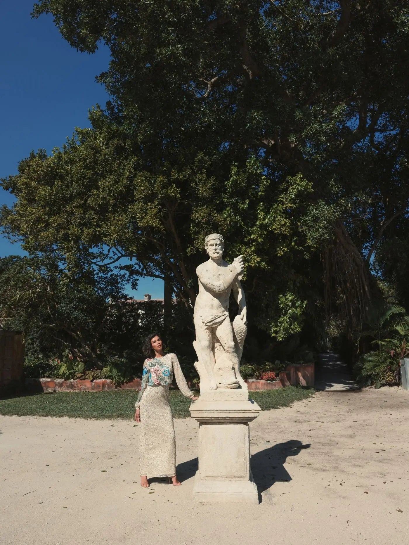 Beige High Neck Long Sleeve Sequin Gown