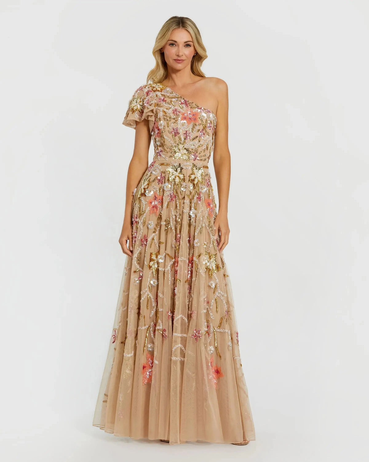 Gold One Shoulder Floral Embellished Gown