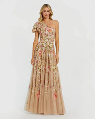 Gold One Shoulder Floral Embellished Gown
