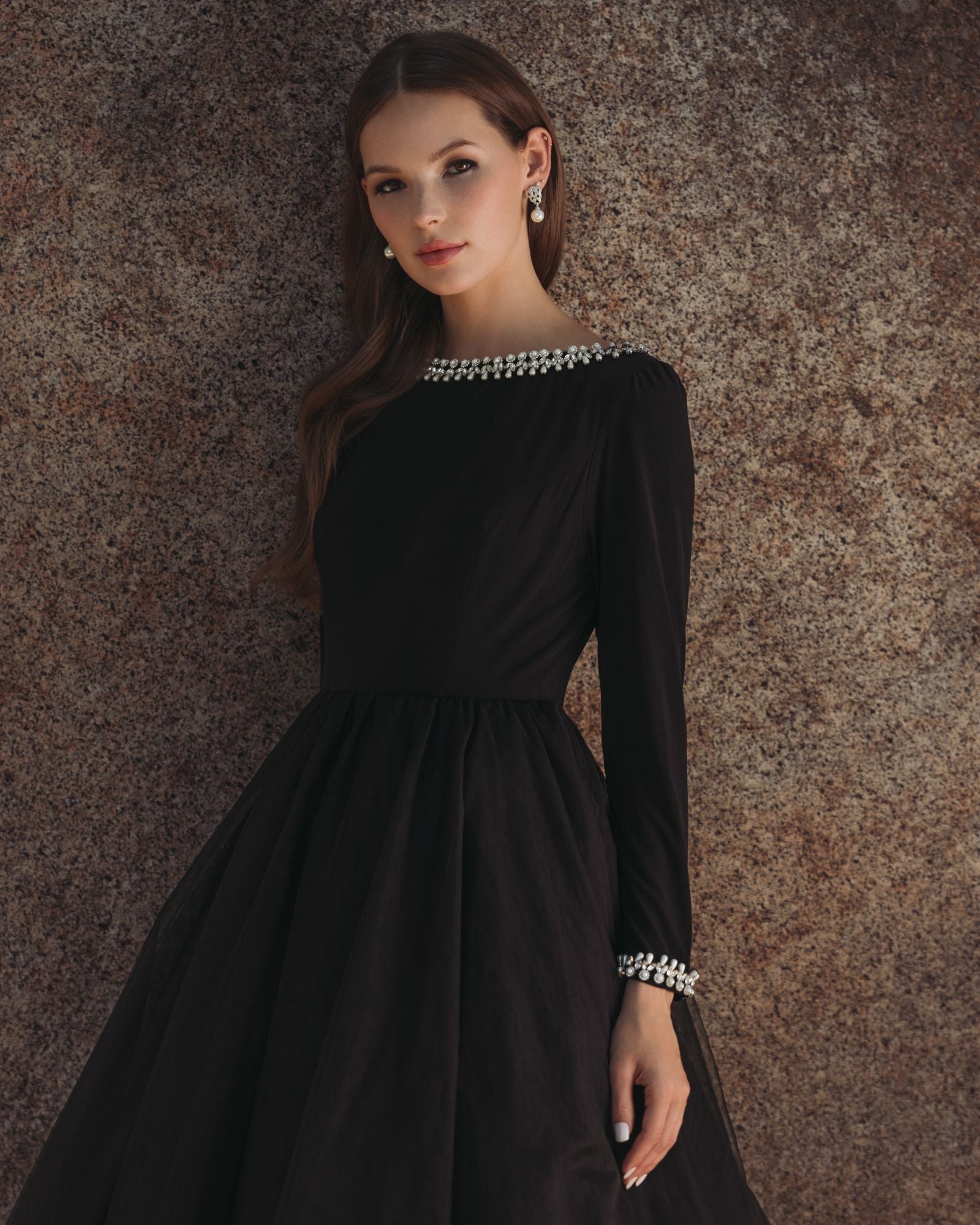 Black Embellished Jersey Long Sleeve Ball Gown With Tulle Skirt
