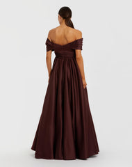 Burgundy Satin Off The Shoulder Twist Evening Ball Gown
