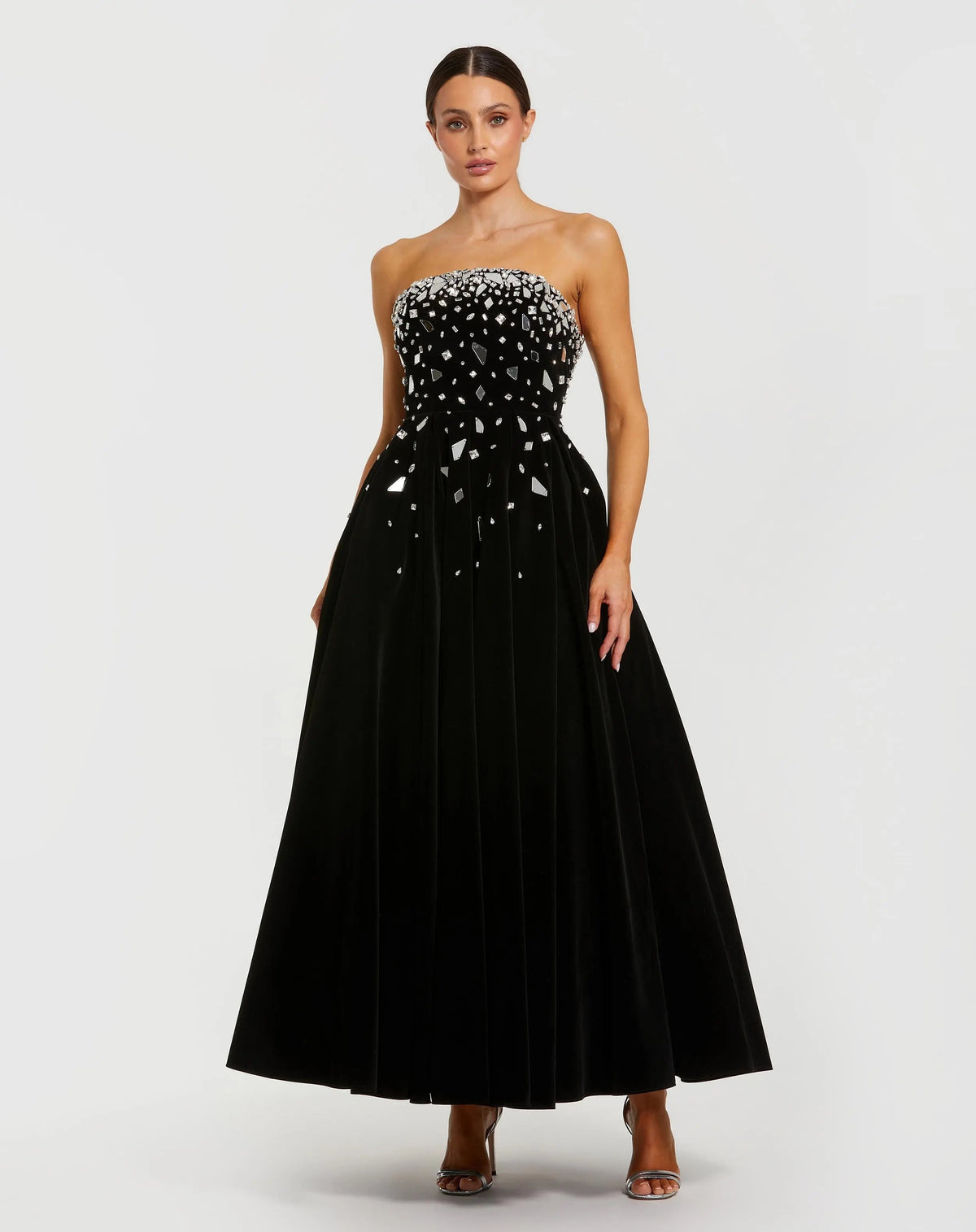 Black Velvet Strapless A-Line Midi Dress with Embellishments