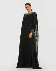 Black Long Sleeve Embellished Chiffon Kaftan Gown
