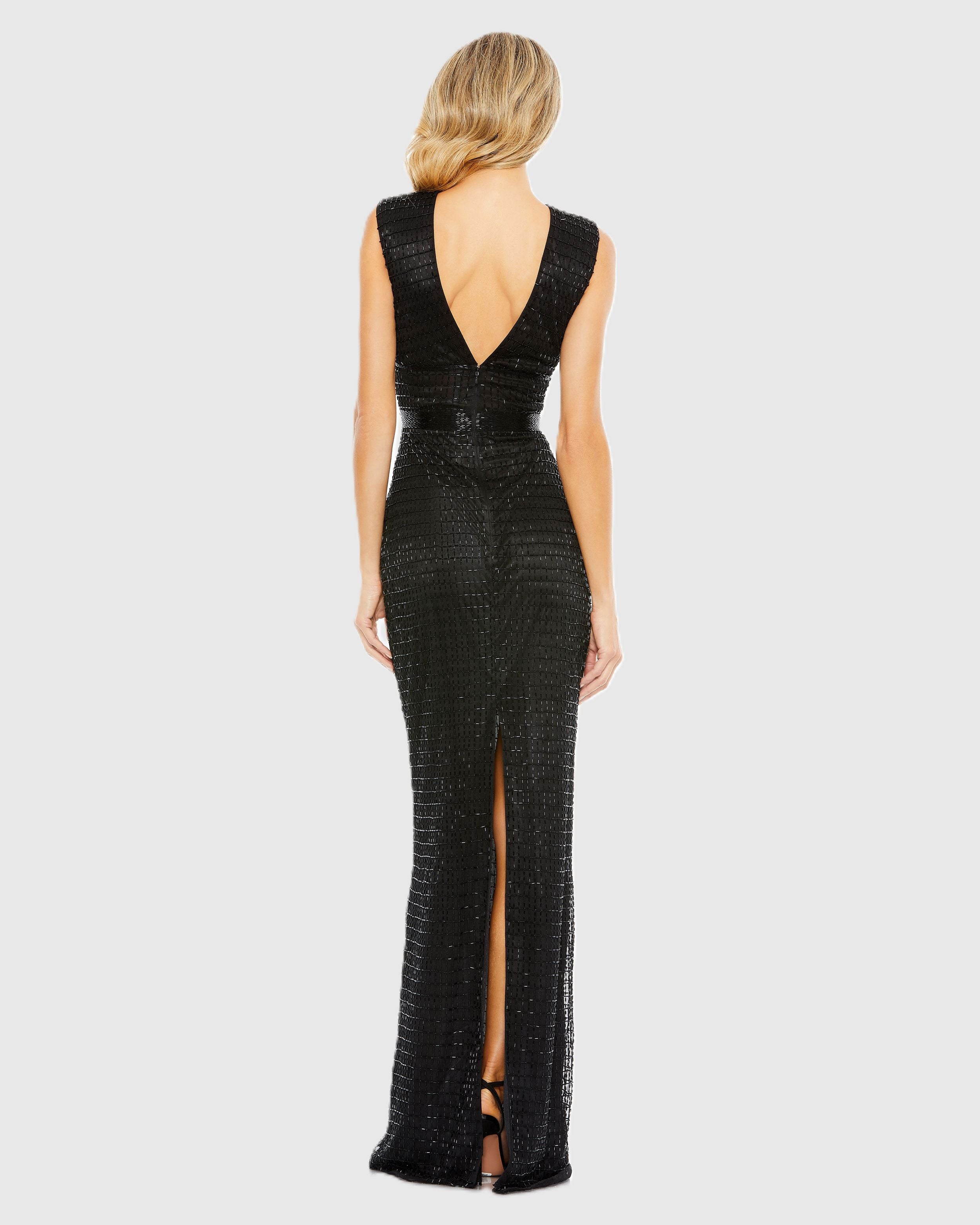 Black Beaded Cap Sleeve V Neck Column Gown