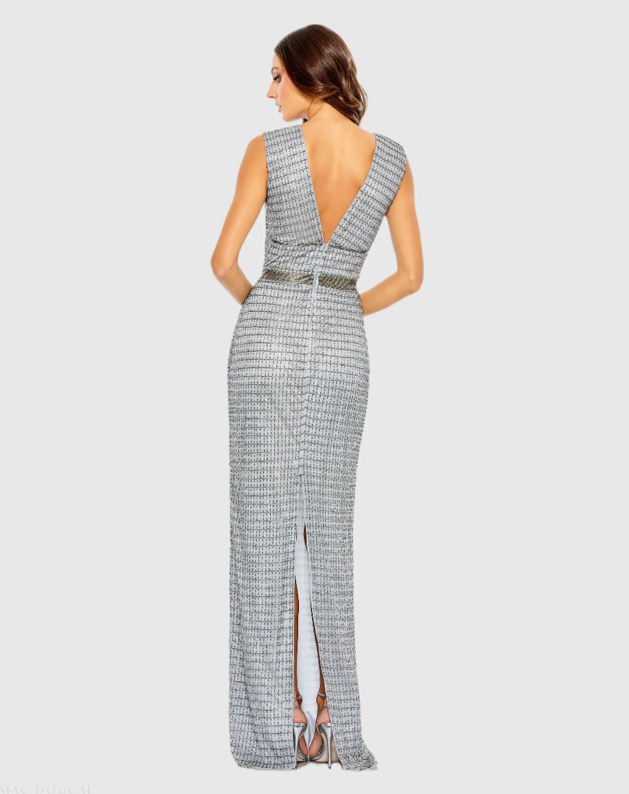 Silver Beaded Cap Sleeve V Neck Column Gown