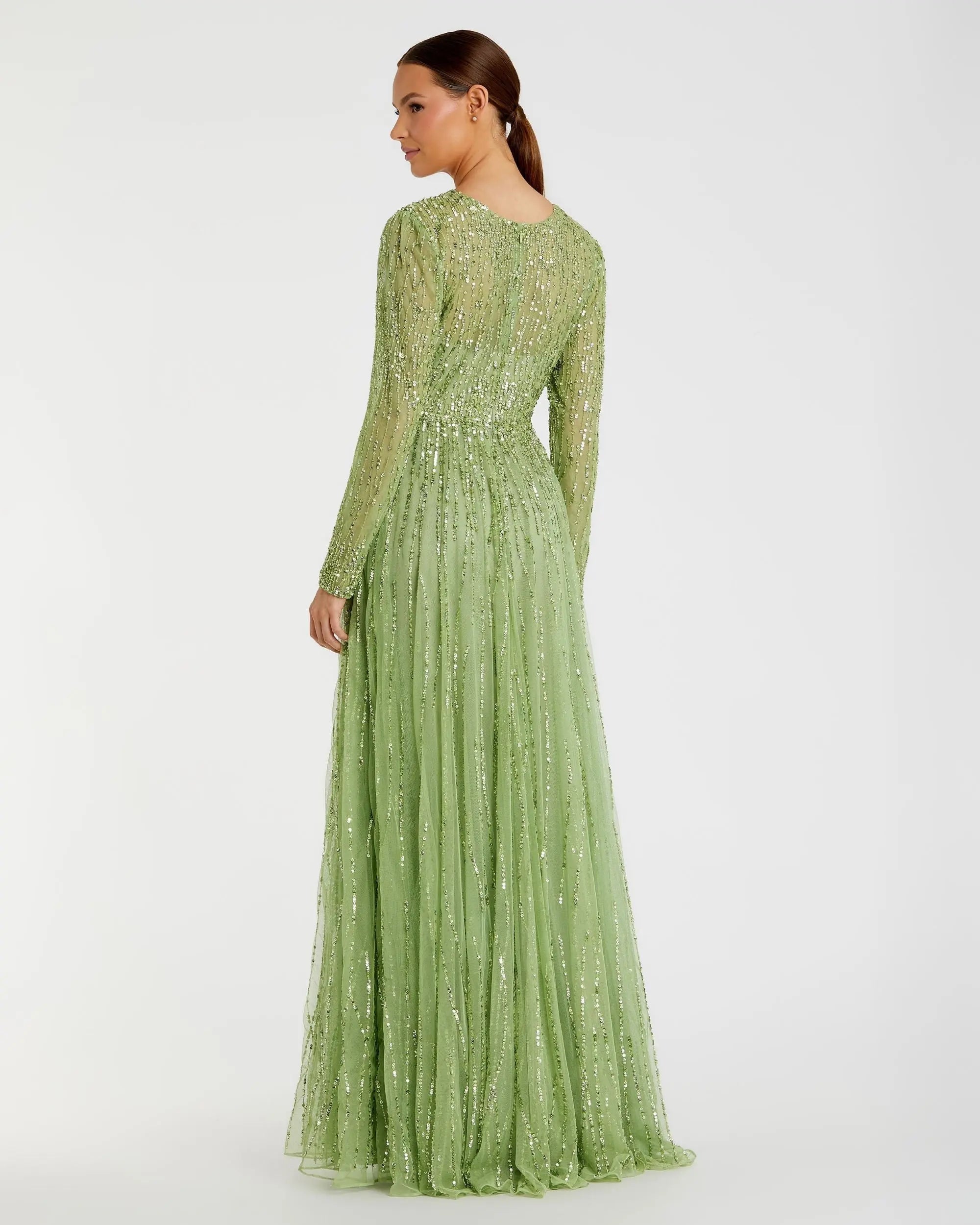 Green Illusion High Neck Long Sleeve Embellished Gown