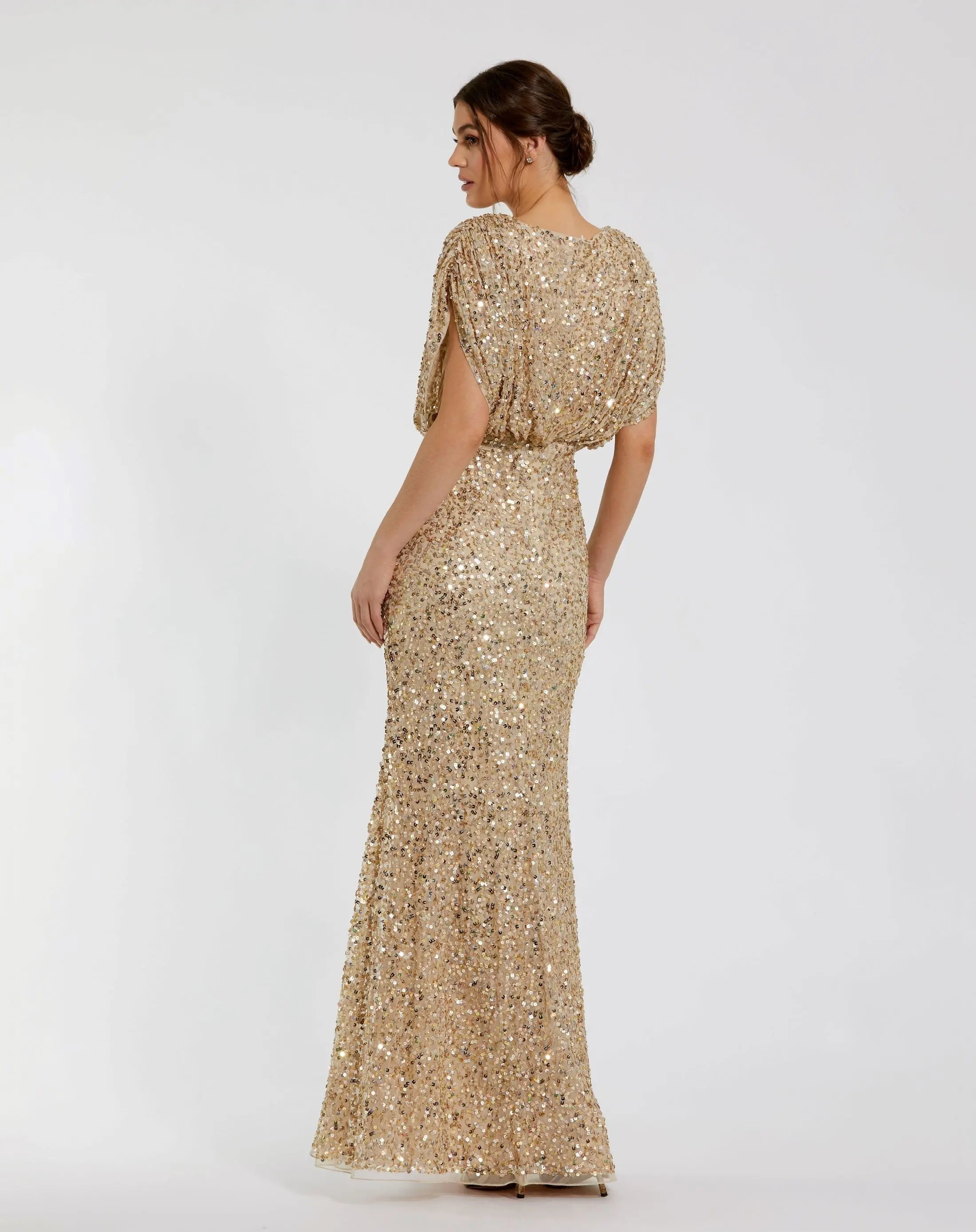 Gold Draped Sleeve V Neck Gown