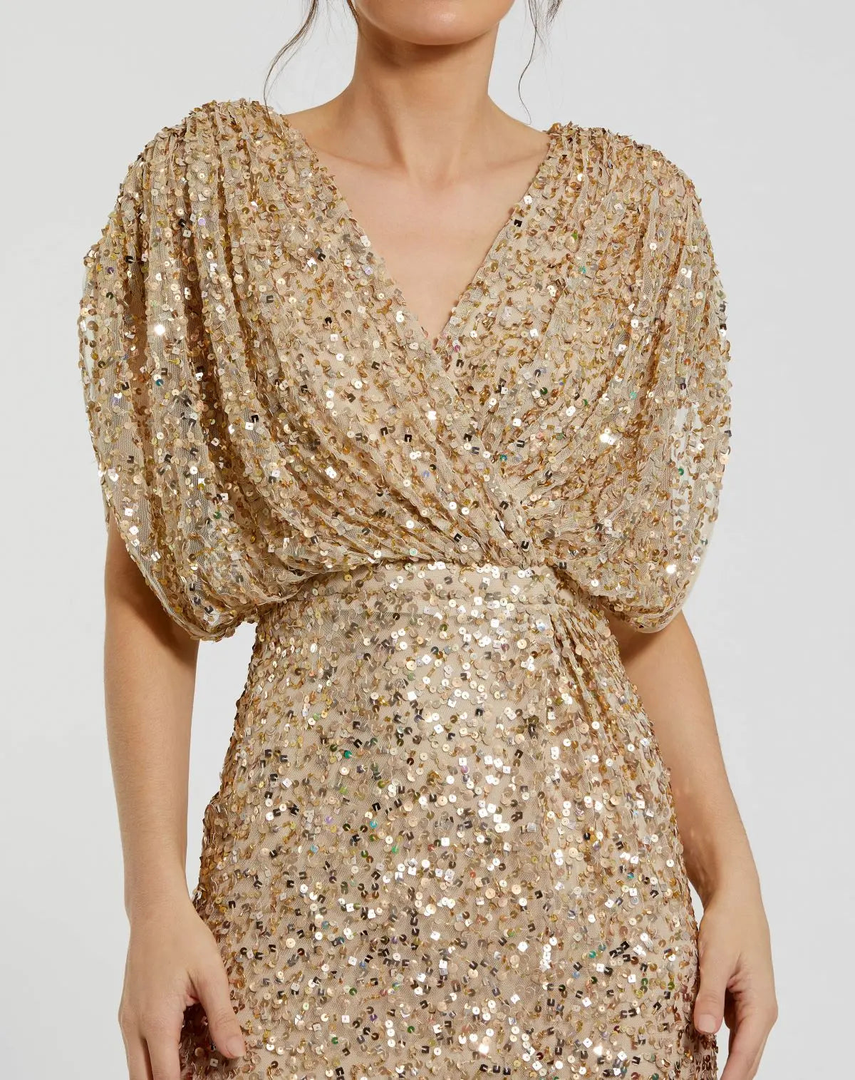 Gold Draped Sleeve V Neck Gown
