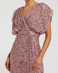 Purple Draped Sleeve V Neck Gown