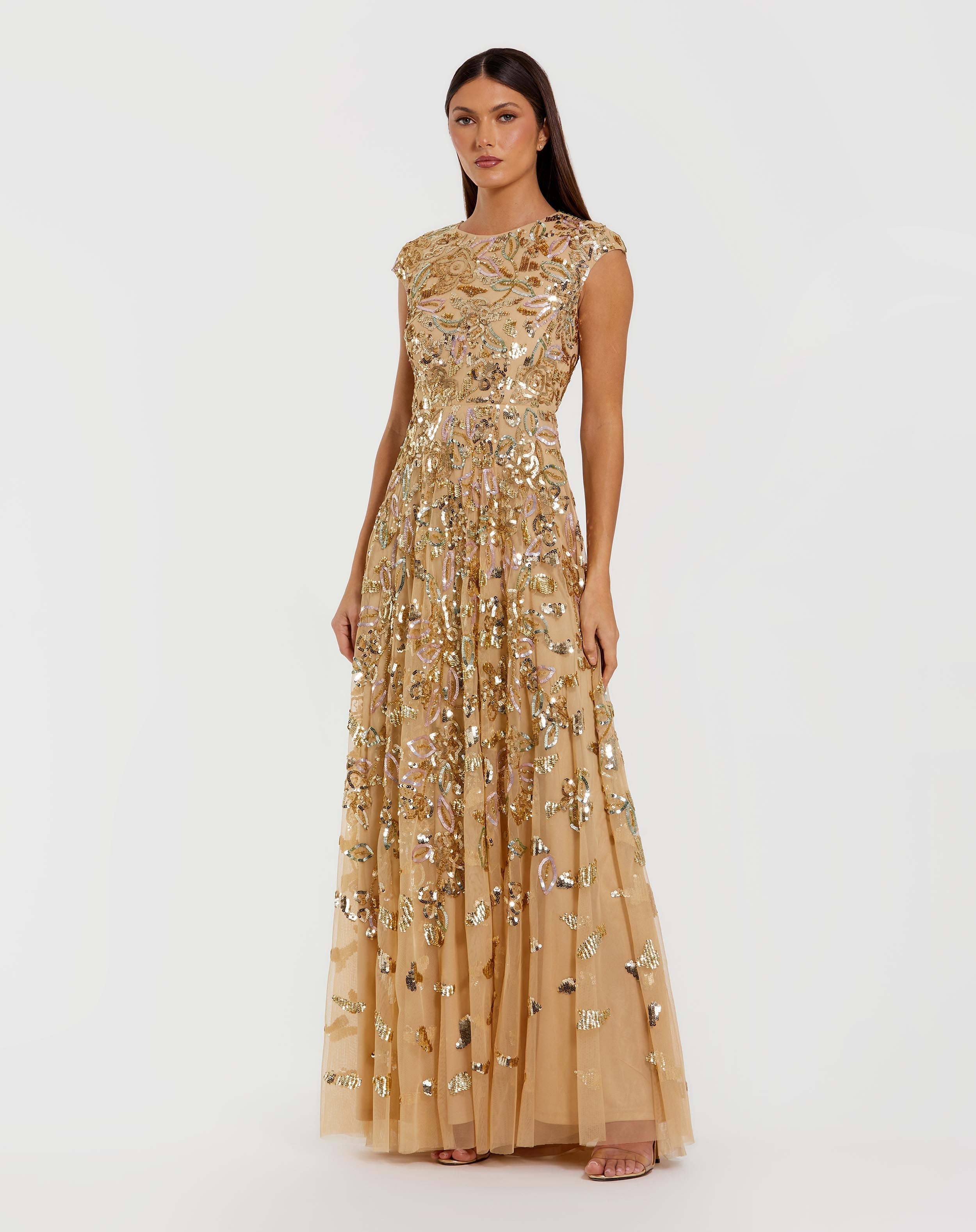 Sequined High Neck Cap Sleeve A Line Gown