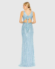 Blue Sequined Faux Wrap Sleeveless Gown