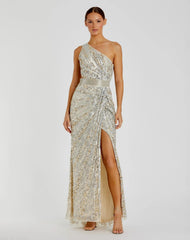 Silver Sequined One Shoulder Draped Lace Up Gown