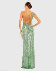 Green Sequined One Shoulder Draped Lace Up Gown