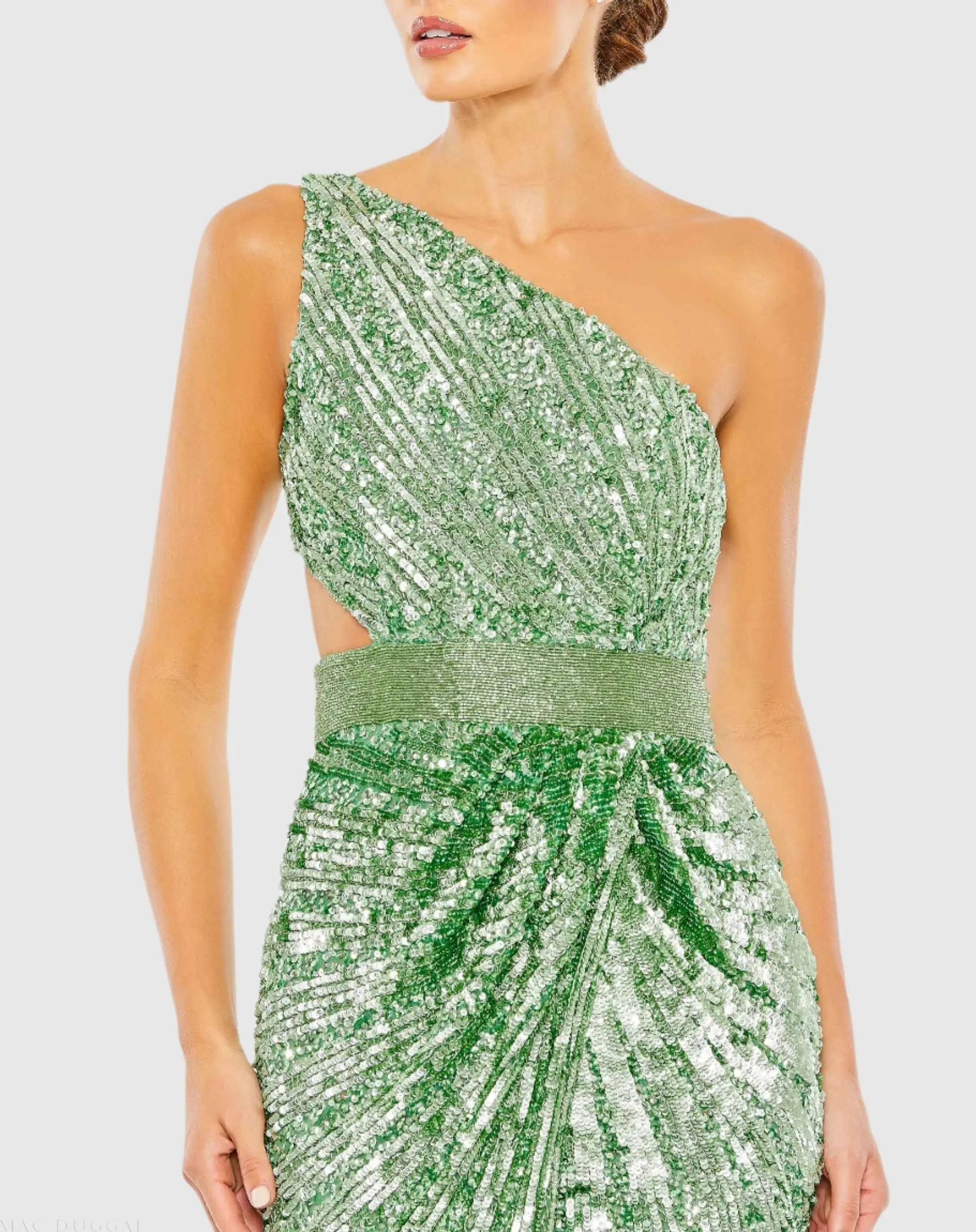 Green Sequined One Shoulder Draped Lace Up Gown