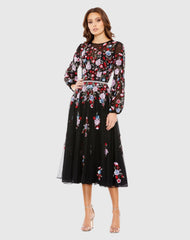Black Sequined Floral High Neck Puff Sleeve Cocktail Dress
