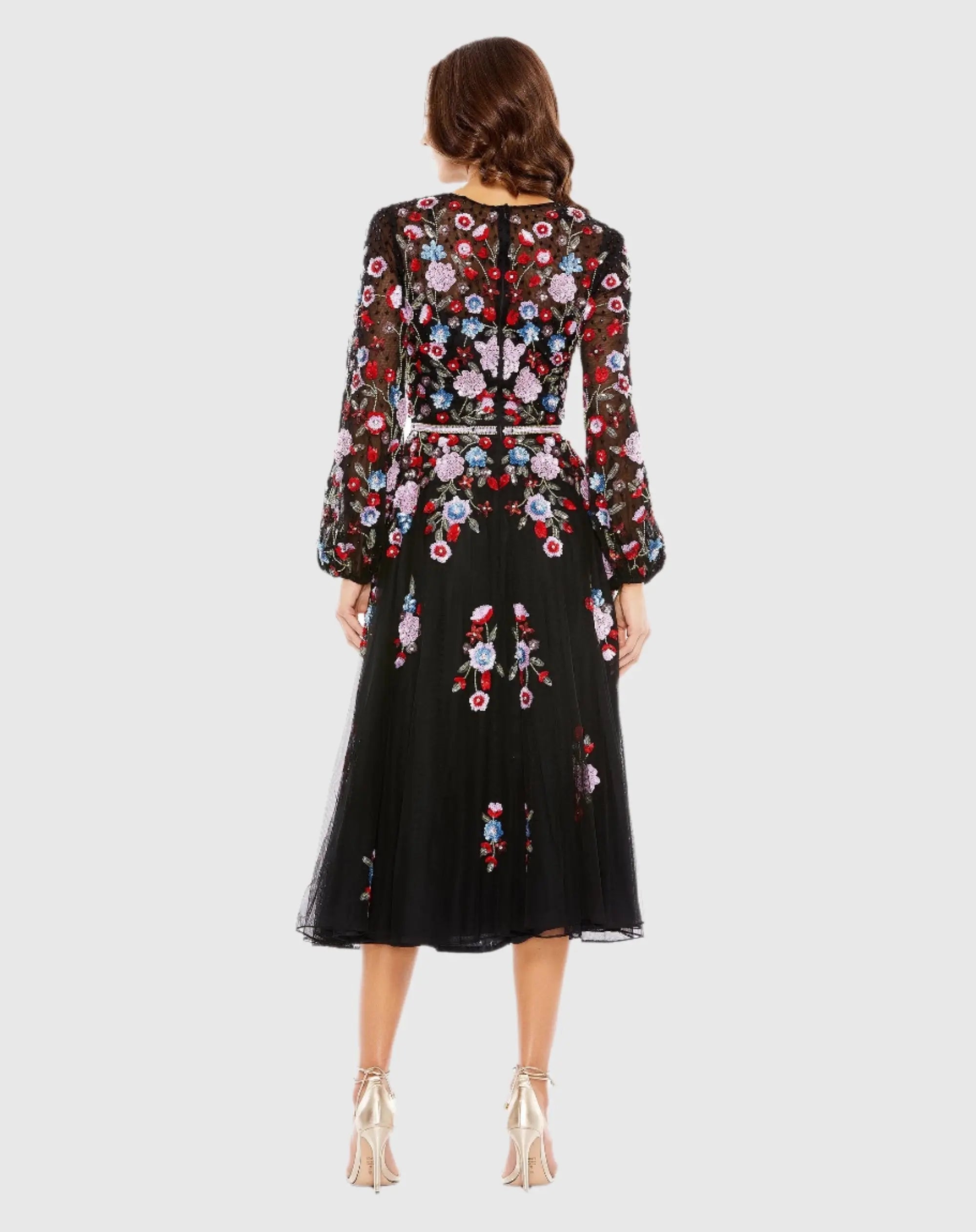 Black Sequined Floral High Neck Puff Sleeve Cocktail Dress