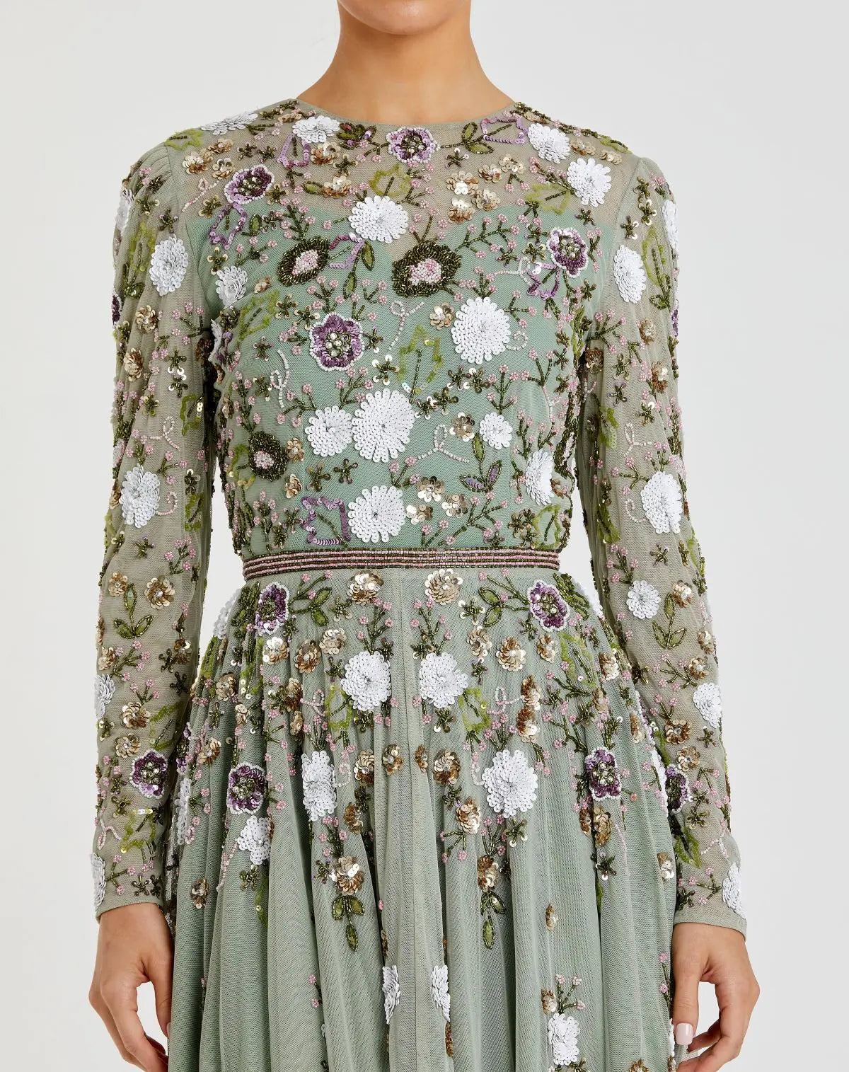 Green Sequined Floral Long Sleeve High Neck Midi Dress