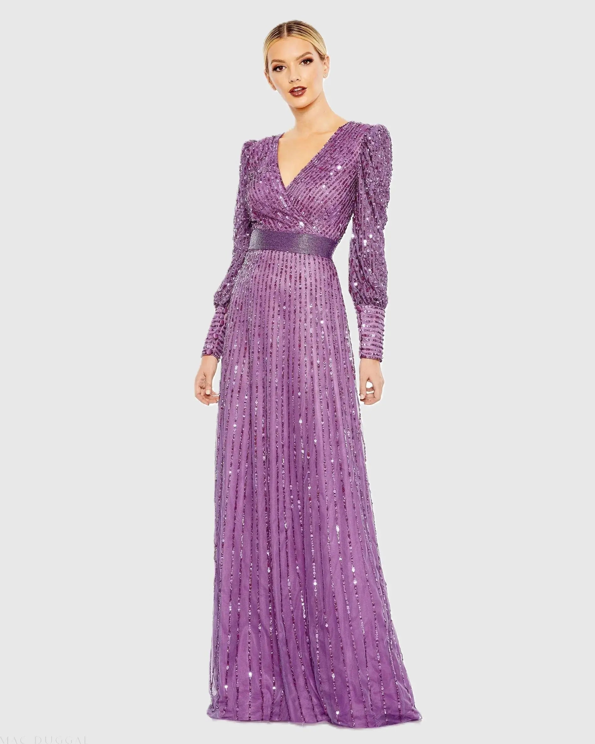 Sequined Wrap Over Bishop Sleeve Gown