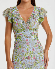 Blue Floral Sequin Embellished Flutter Cap Sleeve Dress