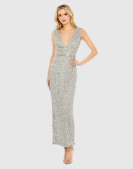 Silver Beaded Sleeveless Tea Length Sheath Dress