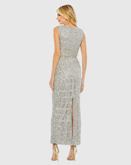 Silver Beaded Sleeveless Tea Length Sheath Dress