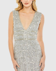 Silver Beaded Sleeveless Tea Length Sheath Dress