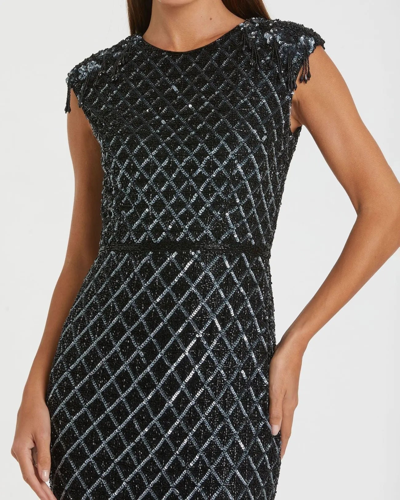Black High Neck Dress w/ Crystal Fringe Detail