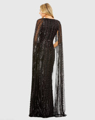 Black Sequined V-Neck Gown with Cape Sleeves